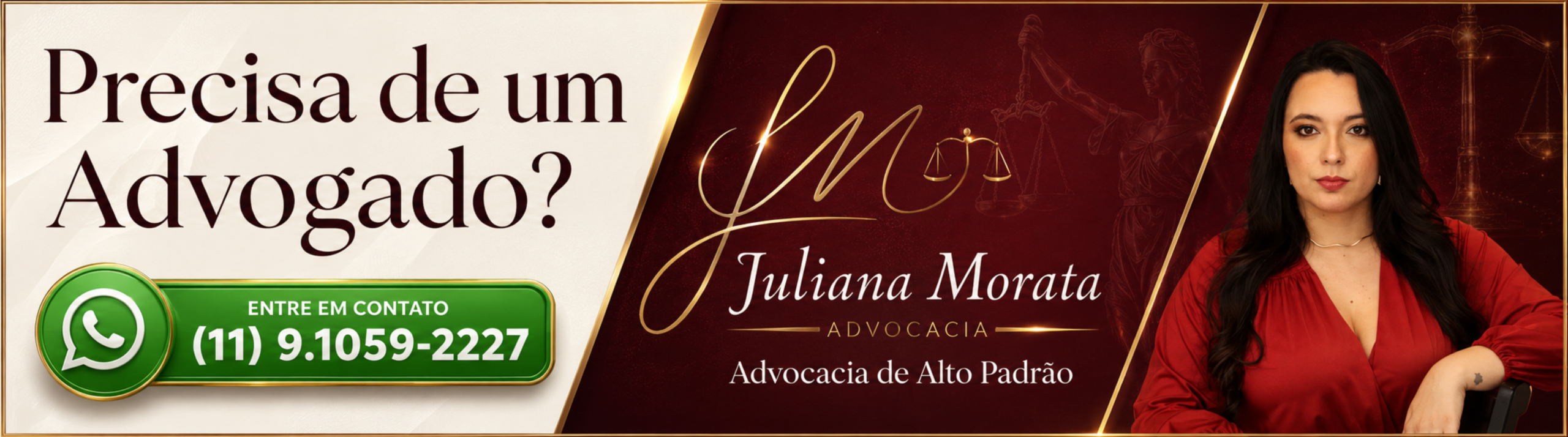 anner da Juliana Morata Advocacia com chamada “Precisa de um Advogado?” e contato pelo WhatsApp.